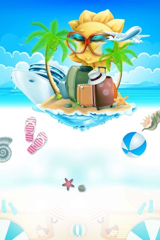 五彩海滩卡通形状风景清新暑假旅游假期蓝色海报背景